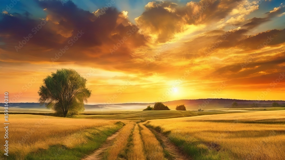 Fototapeta premium Beautiful Summer Morning Landscape. Made with Generative AI Technology