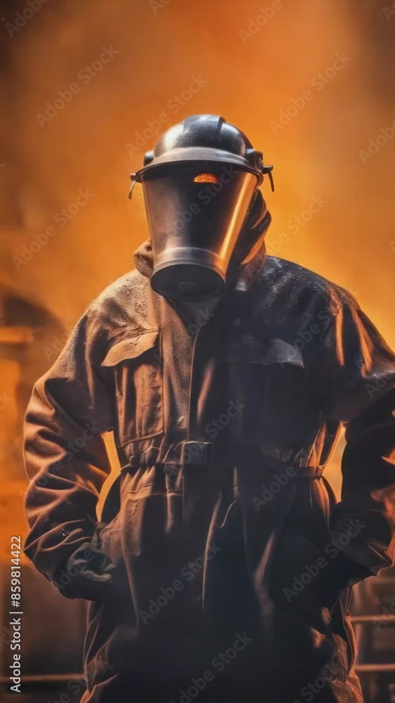 A young, male industrial worker stands amid flying fire sparks, wearing full safety gear including a helmet and mask. The photo is taken at night, with orange flames lighting the background, creating A young, male industrial worker stands amid flying fire sparks, wearing full safety gear including a helmet and mask. The photo is taken at night, with orange flames lighting the background, creating
