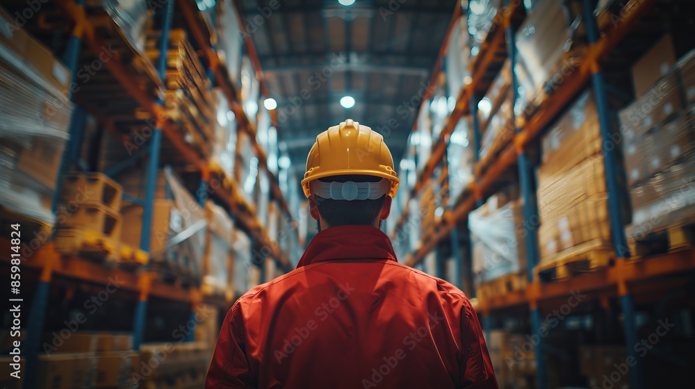 A man in a red jacket and yellow helmet stands in a warehouse. The warehouse is filled with boxes and shelves A man in a red jacket and yellow helmet stands in a warehouse. The warehouse is filled with boxes and shelves