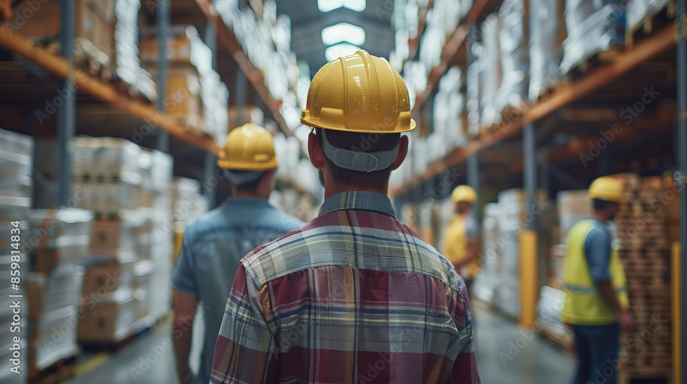A man in a yellow helmet and a plaid shirt walks through a warehouse with other workers. The scene is industrial and busy, with many boxes and crates around. The workers are wearing safety gear A man in a yellow helmet and a plaid shirt walks through a warehouse with other workers. The scene is industrial and busy, with many boxes and crates around. The workers are wearing safety gear