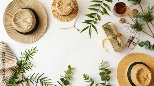 Flat lay of summer items on white background photo