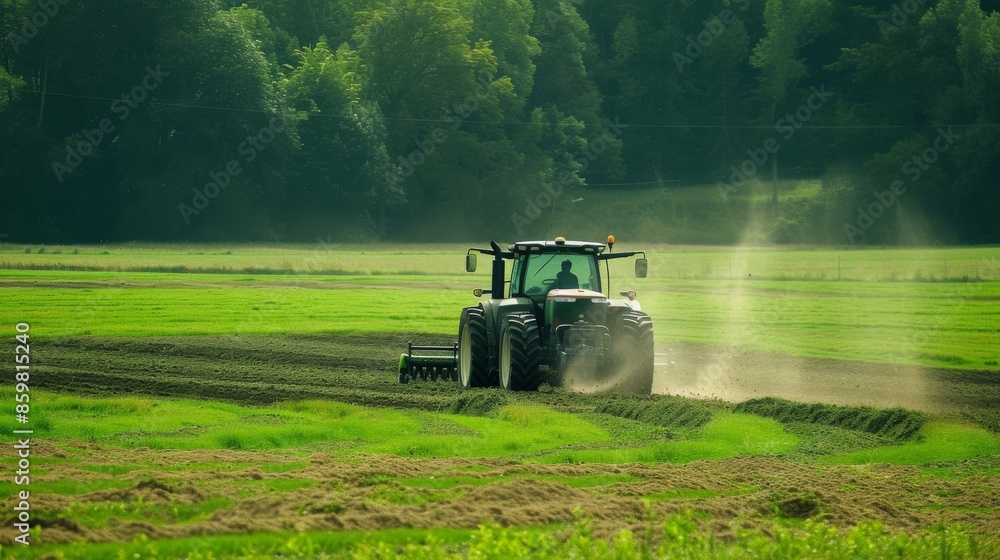 Fototapeta premium color photo of a reliable tractor, its powerful engine roaring, as it traverses a lush green field, leaving behind neat rows of freshly tilled soil, 