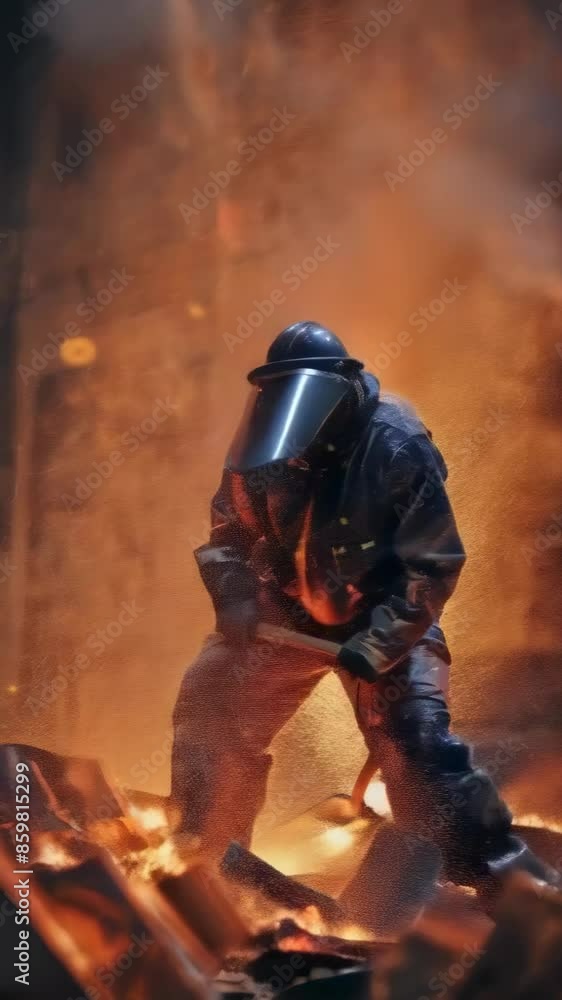 A male worker in protective gear and helmet shovels molten metal amidst flames in a factory at night. The intense heat and fire create a dramatic and intense industrial atmosphere. A male worker in protective gear and helmet shovels molten metal amidst flames in a factory at night. The intense heat and fire create a dramatic and intense industrial atmosphere.