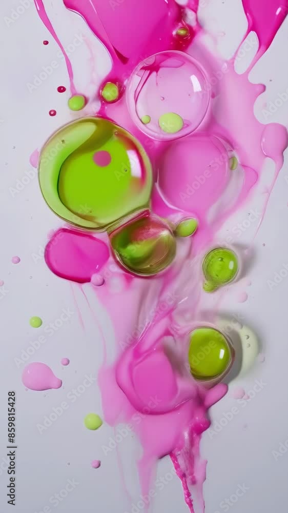 A vibrant mixture of green and pink liquids forming abstract circular patterns on a white surface. The image captures a splash effect and dripping motion, suggesting a dynamic and artistic setting. A vibrant mixture of green and pink liquids forming abstract circular patterns on a white surface. The image captures a splash effect and dripping motion, suggesting a dynamic and artistic setting.
