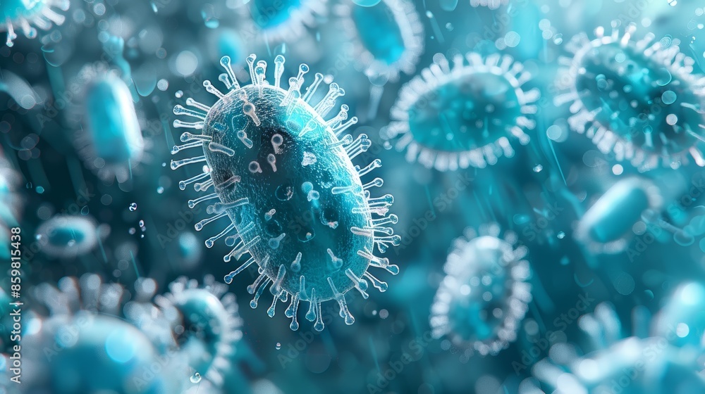 Fototapeta premium A microscopic view of a cluster of bacteria in a liquid environment.