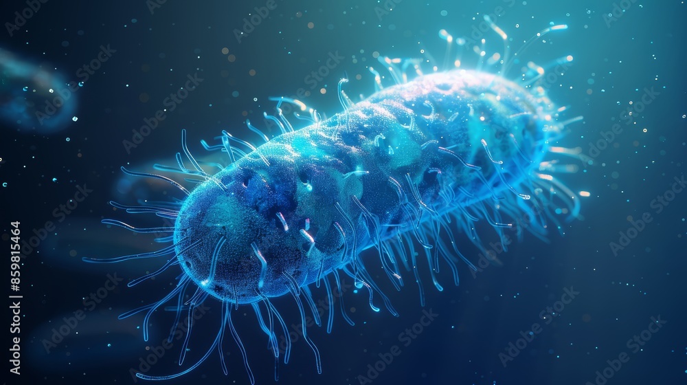 A microscopic view of a single, rod-shaped bacterium with numerous flagella. A microscopic view of a single, rod-shaped bacterium with numerous flagella.