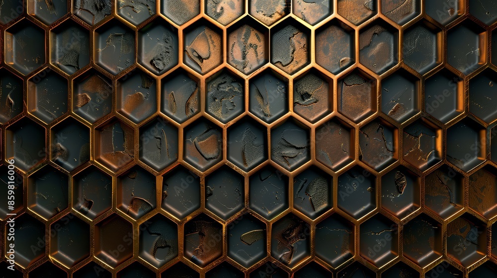 Abstract hexagonal pattern with a blurred background. A grid of golden honeycomb cells. Geometric background. Abstract hexagonal pattern with a blurred background. A grid of golden honeycomb cells. Geometric background.