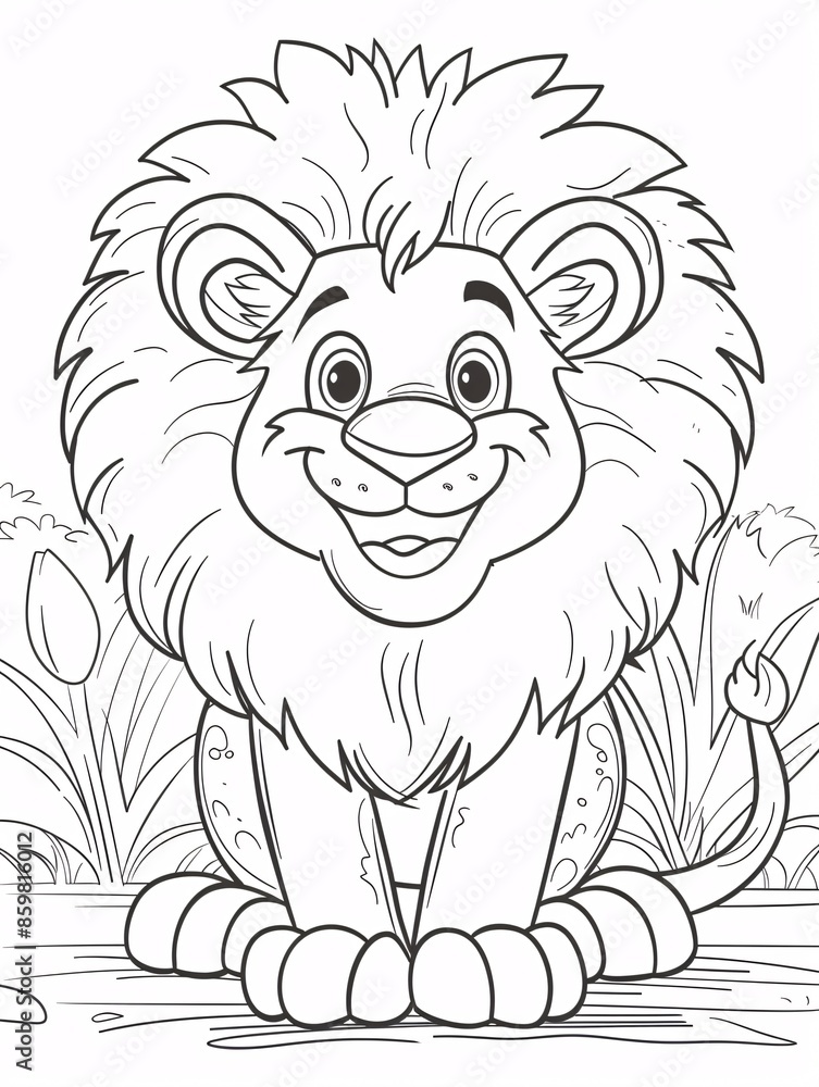 An outline coloring page featuring a smiling cartoon lion with a fluffy mane, designed for young children. An outline coloring page featuring a smiling cartoon lion with a fluffy mane, designed for young children.