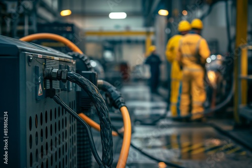 Industrial power cables with workers in background at a factory, industrial energy concept