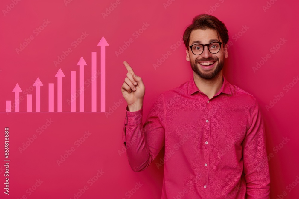 Fototapeta premium Smiling Businessman in Pink Shirt Pointing at Growth Chart on Pink Background - Business Success Concept for Marketing