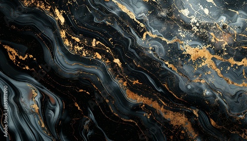 Abstract Swirling Black and Gold Marble