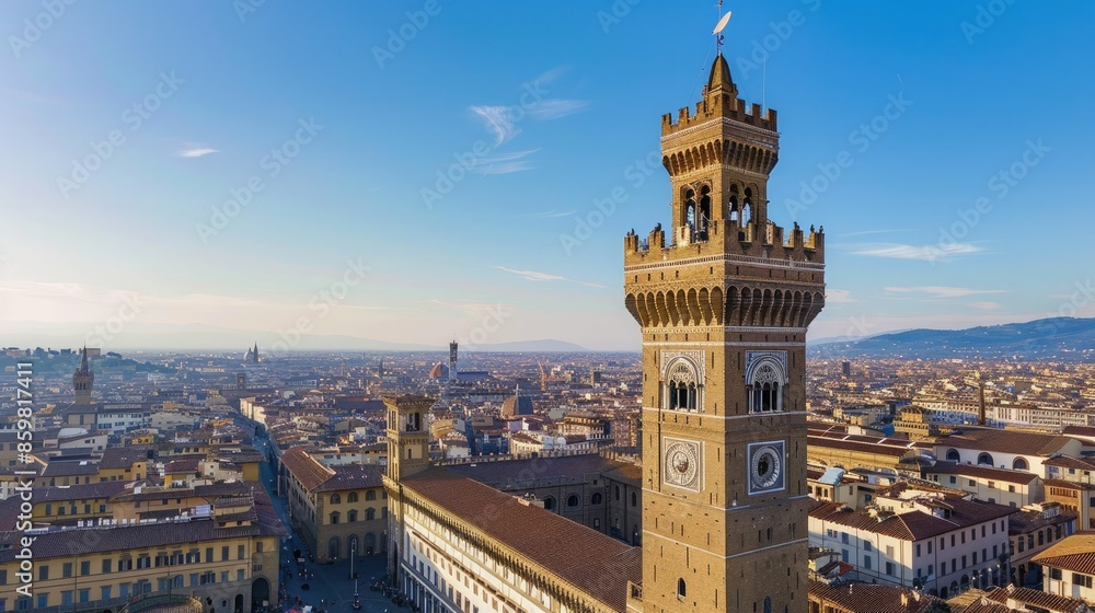 Fototapeta premium Aerial view of Palazzo Vecchio in Florence, Italy. Iconic medieval architecture stands tall against a clear blue sky over the historic city.