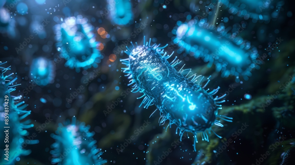 Abstract microscopic image of blue bacteria or viruses. A close-up view of a colony of microorganisms. Abstract microscopic image of blue bacteria or viruses. A close-up view of a colony of microorganisms.
