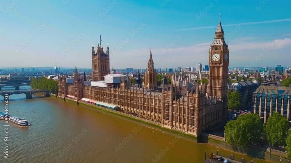 Naklejka premium Aerial view of the iconic Big Ben and Houses of Parliament in London, with the River Thames in the foreground and clear blue sky.