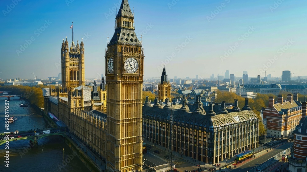 Fototapeta premium Aerial view of the iconic Big Ben and Houses of Parliament in London on a sunny day with clear blue skies.