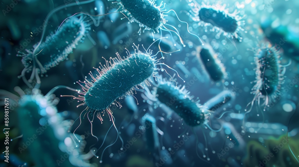 Microscopic image of bacteria, showing their rod-shaped structures and flagella. Microscopic image of bacteria, showing their rod-shaped structures and flagella.