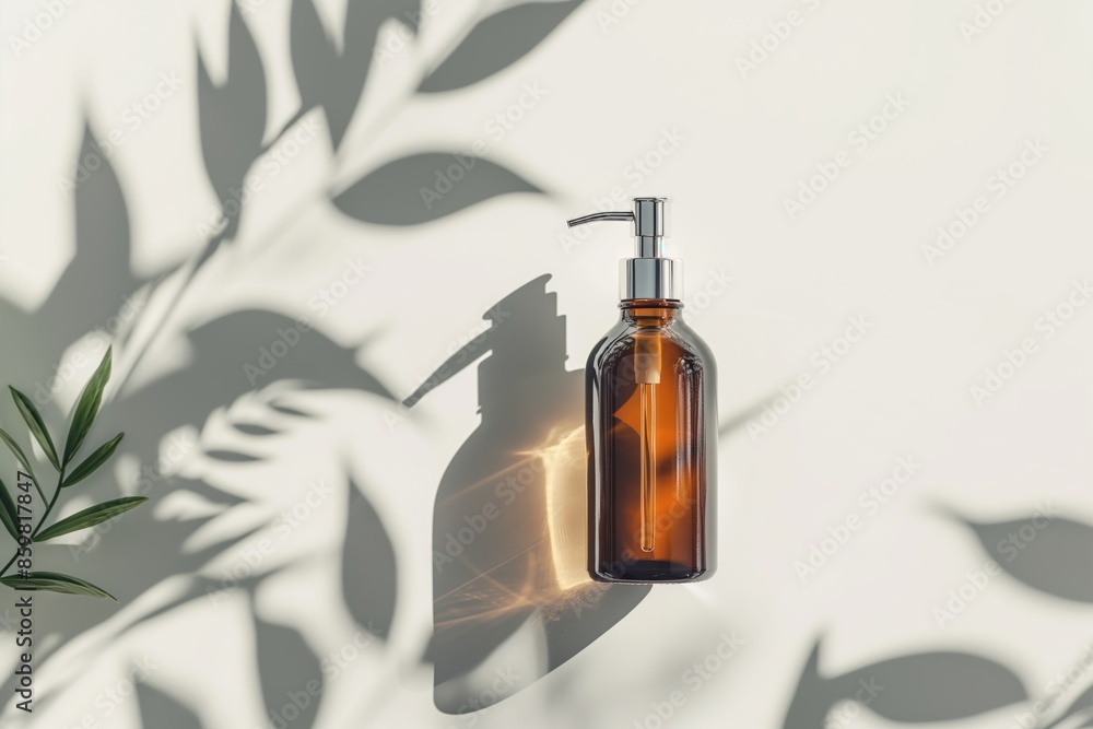 Brown glass bottle with dispenser on abstract background, background, copy space concept Brown glass bottle with dispenser on abstract background, background, copy space concept