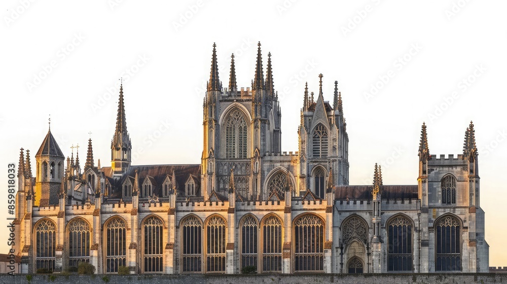 Fototapeta premium Stunning Gothic cathedral with intricate architecture, illuminated by the sun. Historic landmark showcasing impressive medieval craftsmanship.
