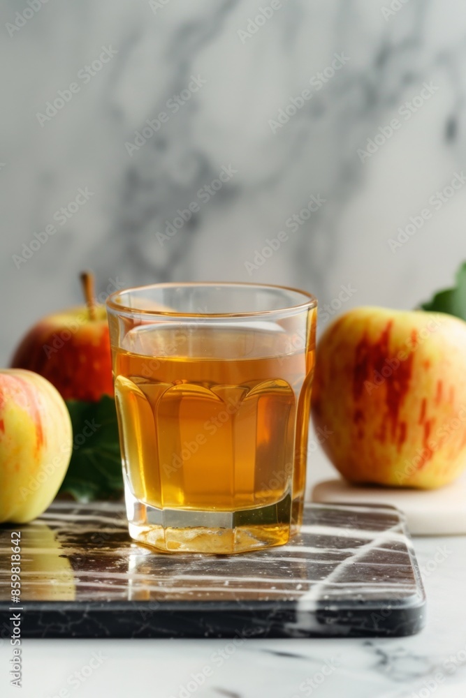 a glass of apple juice on marble board, black copy space on right side a glass of apple juice on marble board, black copy space on right side