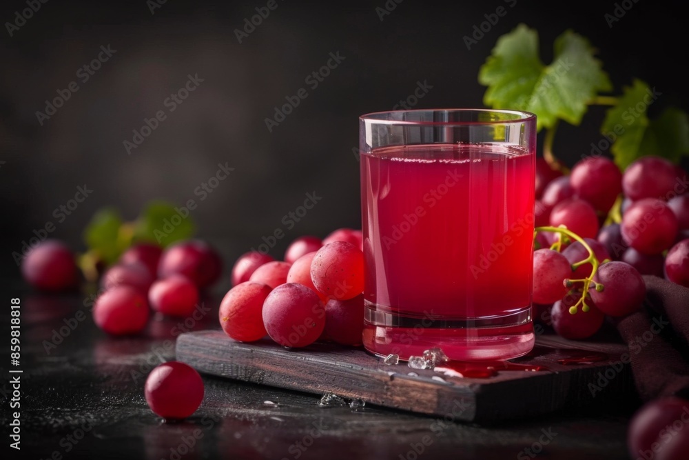 Mystic portrait of Grape juice in luxurious glass on board in studio, elegant, dark copy space on right side, Close-up View Mystic portrait of Grape juice in luxurious glass on board in studio, elegant, dark copy space on right side, Close-up View