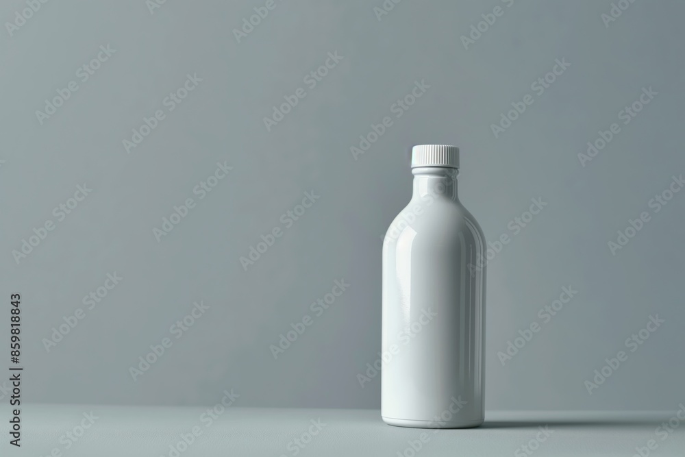 Minimalistic white bottle mockup on gray background for branding and packaging, mockup, copy space concept Minimalistic white bottle mockup on gray background for branding and packaging, mockup, copy space concept
