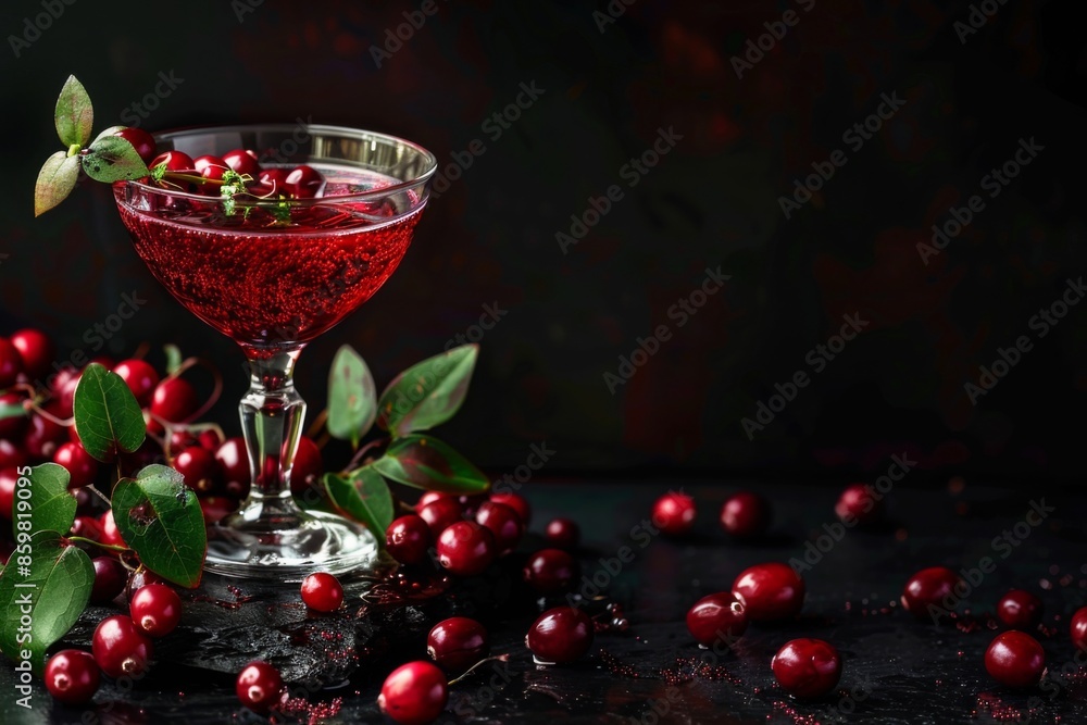 Mystic portrait of Cranberry Juice in luxurious glass on board in studio, elegant, dark copy space on right side, Close-up View Mystic portrait of Cranberry Juice in luxurious glass on board in studio, elegant, dark copy space on right side, Close-up View