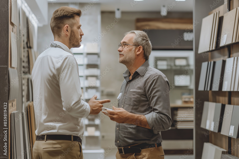 Salesman and customer in conversation at modern showroom, business interaction concept Salesman and customer in conversation at modern showroom, business interaction concept