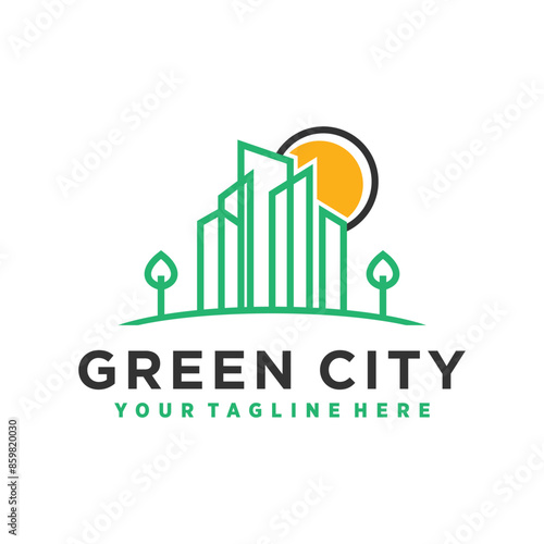 Vector green city logo design inspiration, line art, outline, simple, minimalist premium