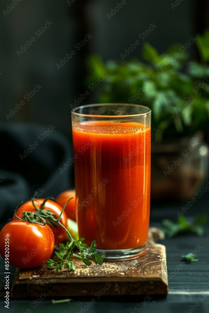 Mystic portrait of Tomato Juice on board in studio, dark copy space on right side, Close-up View Mystic portrait of Tomato Juice on board in studio, dark copy space on right side, Close-up View