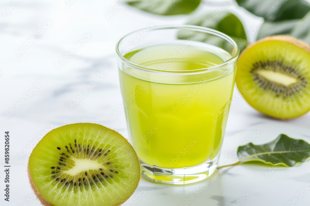 a glass of Kiwi juice on marble, white copy space on right side a glass of Kiwi juice on marble, white copy space on right side