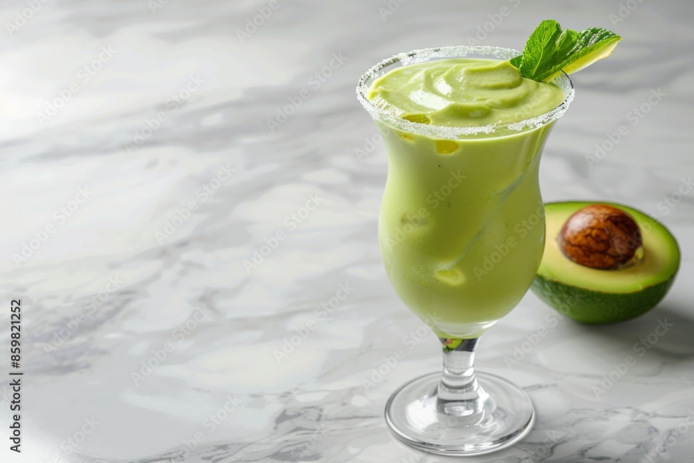 a glass of avocado juice on marble, white copy space on right side a glass of avocado juice on marble, white copy space on right side