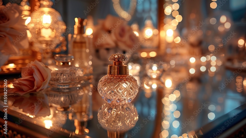 Ornate Perfume Bottle on a Gilded Tabletop Ornate Perfume Bottle on a Gilded Tabletop