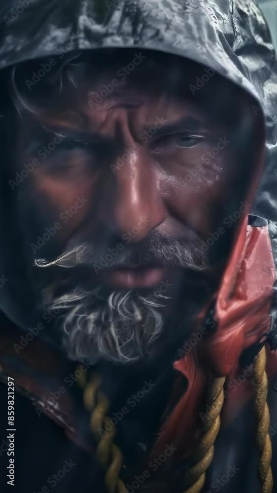 A close-up of an older rugged male sailor with a full beard, wearing a raincoat and hood. Crystal blue eyes pierce through the weathered face. The image captures determination in harsh weather. A close-up of an older rugged male sailor with a full beard, wearing a raincoat and hood. Crystal blue eyes pierce through the weathered face. The image captures determination in harsh weather.