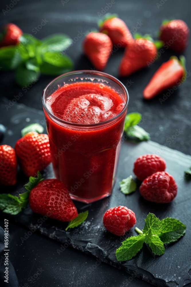 Mystic portrait of Berries Juice on board in studio, dark copy space on right side, Close-up View Mystic portrait of Berries Juice on board in studio, dark copy space on right side, Close-up View