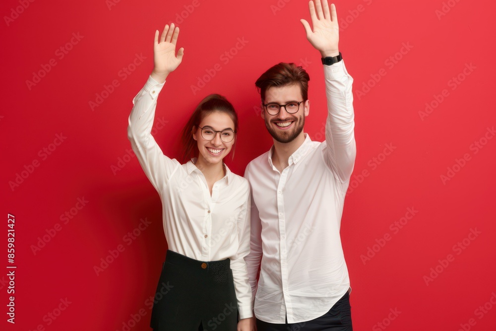 Smiling Young Professionals Waving on Red Background for Corporate and Marketing Use Smiling Young Professionals Waving on Red Background for Corporate and Marketing Use