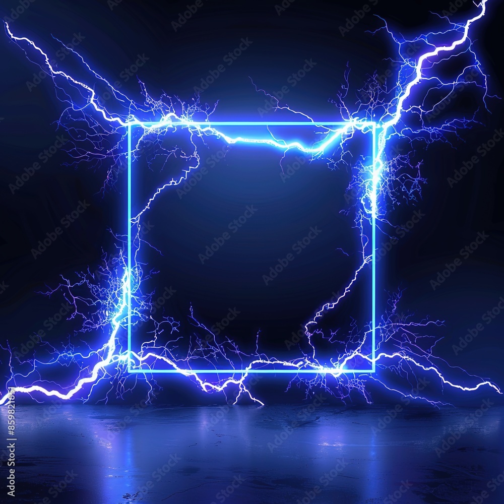Lightning blue square frame on dark background with thunder lighting effect, glowing electric frames with light lightning and thunder over black backdrop. Blue glowing lines frame for design. Lightning blue square frame on dark background with thunder lighting effect, glowing electric frames with light lightning and thunder over black backdrop. Blue glowing lines frame for design.