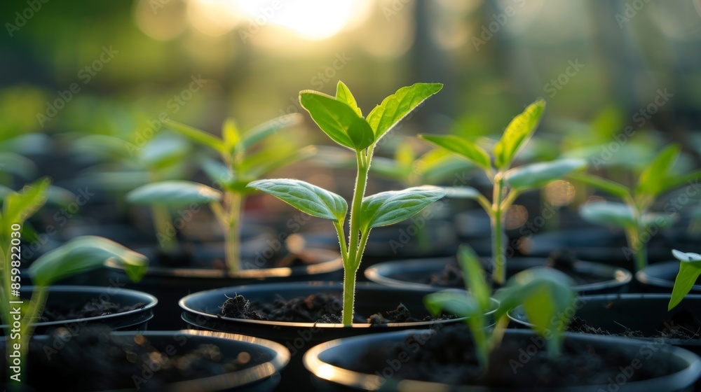 Young seedlings growing in small pots, bathed in warm sunlight, symbolizing growth and potential. Young seedlings growing in small pots, bathed in warm sunlight, symbolizing growth and potential.