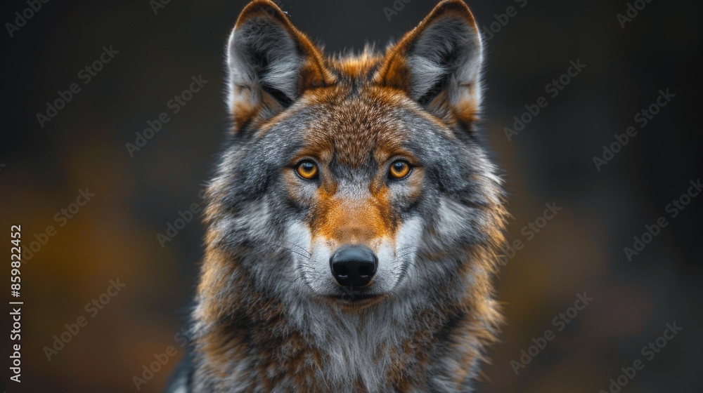 Alert Eurasian wolf, canis lupus, facing camera in summer forest from front view with copy space Alert Eurasian wolf, canis lupus, facing camera in summer forest from front view with copy space