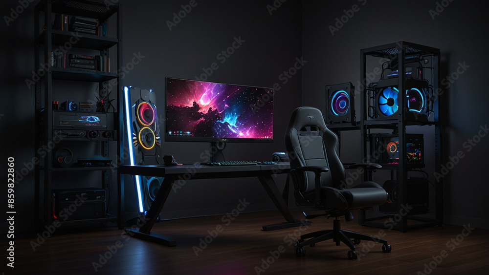 Naklejka premium modern room with computer set up | liqued cooler computers | gaming case | components of a computer | desktop maching | Technology
