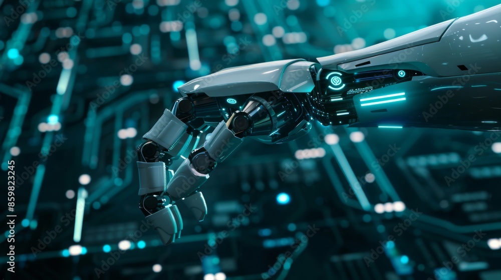 Fototapeta premium Artificial intelligence robot hand mock up on technology background, AI generated technology concept