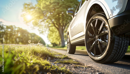 a car is parked on the side of the road photo