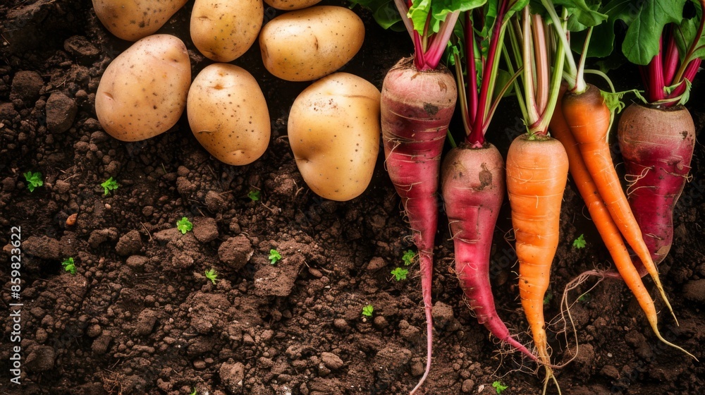 Autumn harvest of fresh raw carrot, beetroot and potatoes on soil in garden, top view Autumn harvest of fresh raw carrot, beetroot and potatoes on soil in garden, top view