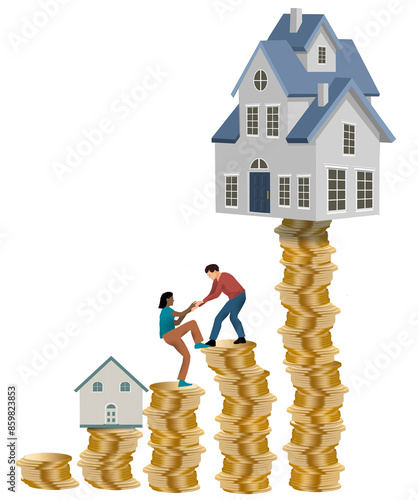 Φωτογραφία Moving on up to a bigger and better house costs money and this 3-d illustration shows stacks of coins needed to buy a bigger house