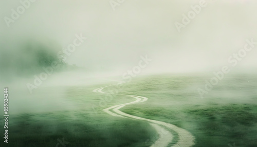 Distance is the fog that obscures love's path: Visualize a foggy landscape with a winding path disappearing into the mist, symbolizing the uncertainty and confusion caused by distance in love photo