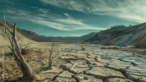 Arid desert landscape with dead trees and cracked earth photo