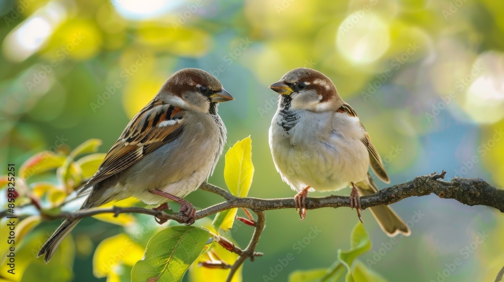 birds sparrows and tits sit on a branch in the park opposite each other birds sparrows and tits sit on a branch in the park opposite each other