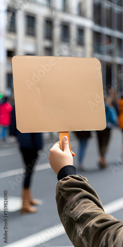 Pessoa sem-teto segurando um cartaz na rua da cidade photo