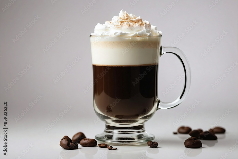 Cocktail: A side view of an Irish Coffee in a clear, footed mug. Cocktail: A side view of an Irish Coffee in a clear, footed mug.