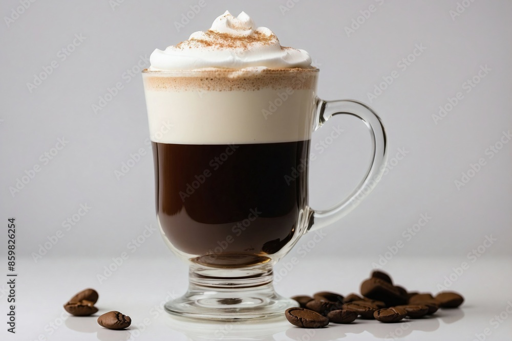 Cocktail: A side view of an Irish Coffee in a clear, footed mug. Cocktail: A side view of an Irish Coffee in a clear, footed mug.