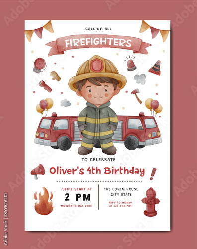 Birthday with firefighter theme watercolor invitation template
